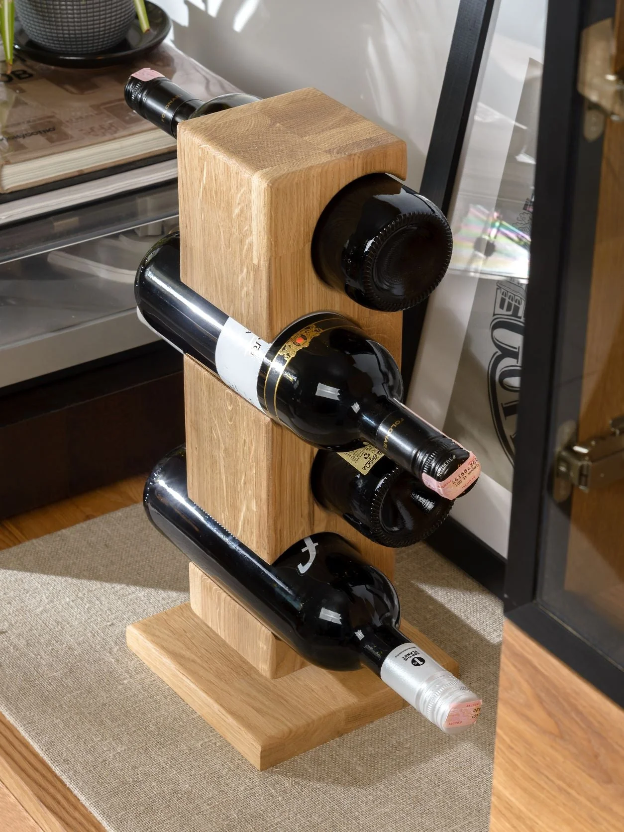 Porte-bouteilles en bois massif de chêne ALMA – Pour 4 bouteilles de vin - NordicStory - Image 5